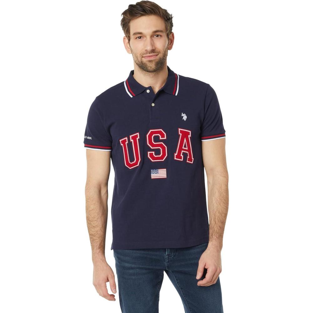 image:imageUS Polo Assn Slim Fit USA Applique Flag Print Knit Polo ShirtClassic Navy