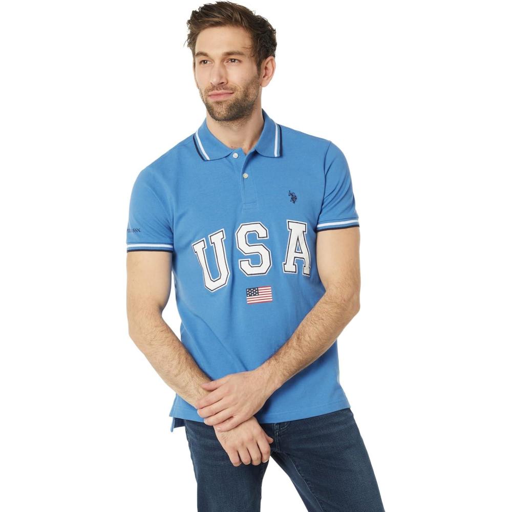 image:imageUS Polo Assn Slim Fit USA Applique Flag Print Knit Polo ShirtSuper Sonic Blue