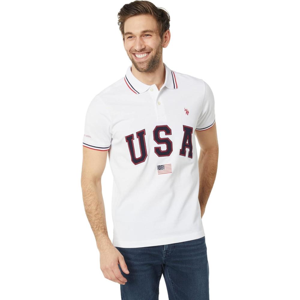 image:imageUS Polo Assn Slim Fit USA Applique Flag Print Knit Polo ShirtWhite