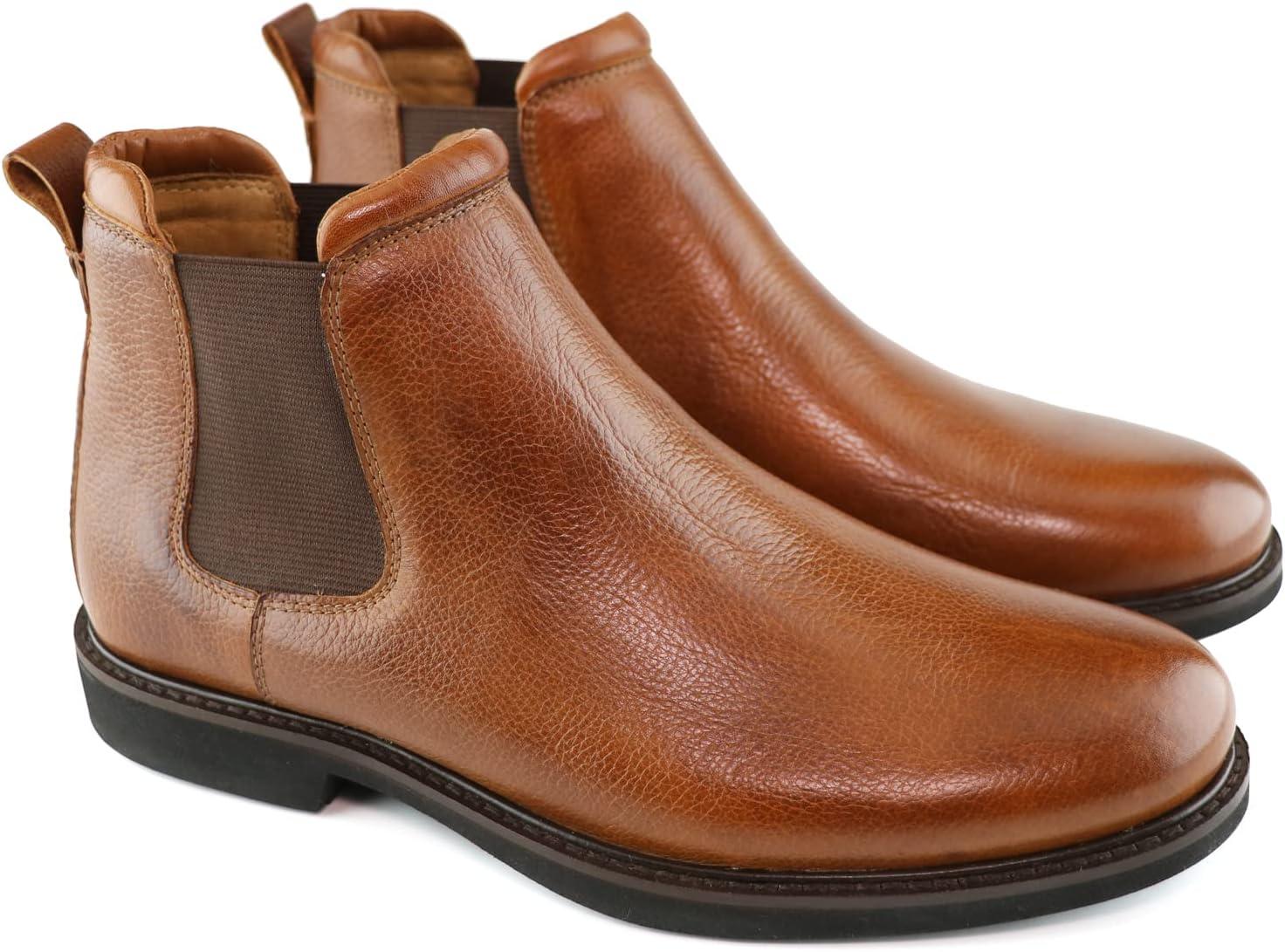image:imageMJNY Mens Casual Comfortable Genuine Leather Chelsea Ankle Boots Lightweight Breathable Elastic Classic Fashion Chukka Dress BootsCognac Grainy