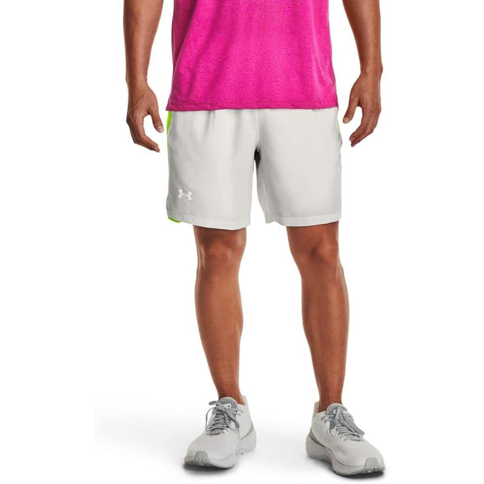 image:imageUnder Armour Mens Launch Stretch Woven 2in1 Shorts006 Gray Mist Lime Surge Reflective