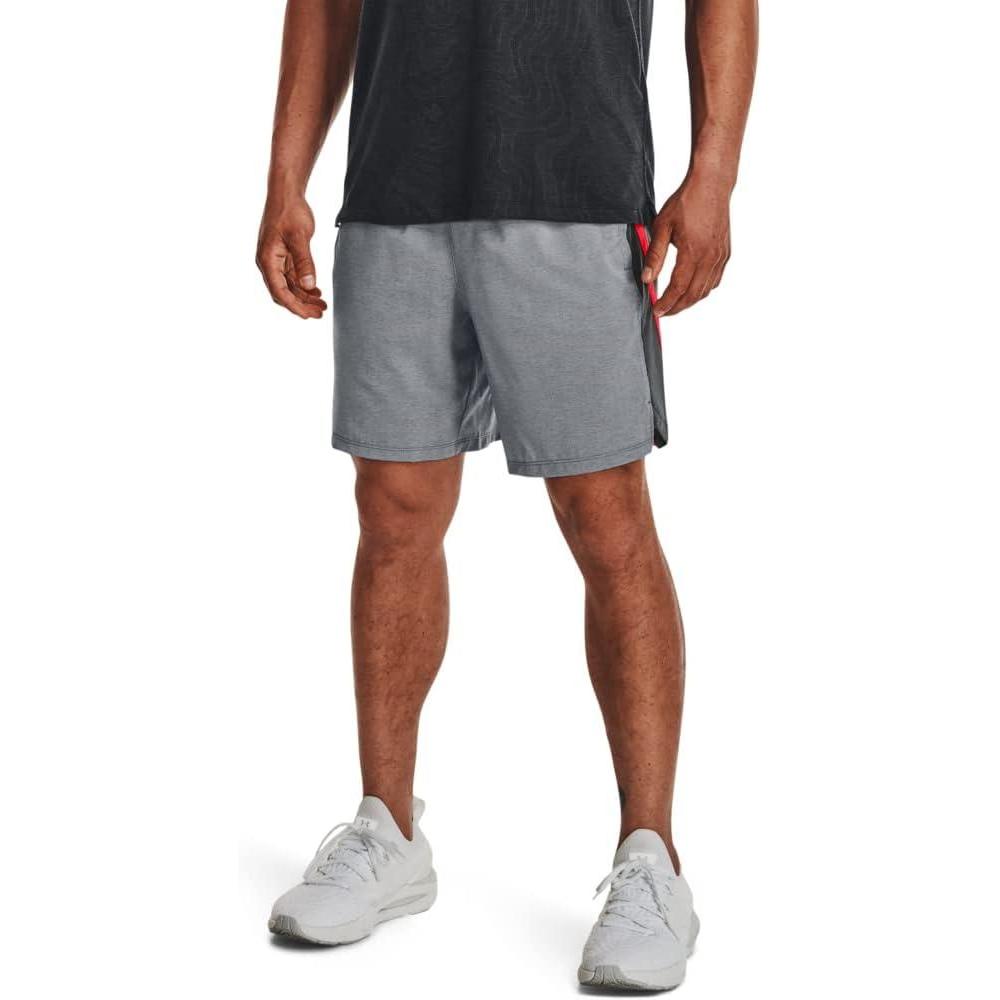 image:imageUnder Armour Mens Launch Stretch Woven 2in1 Shorts016 Pitch Gray Full Heather Bolt Red Reflective