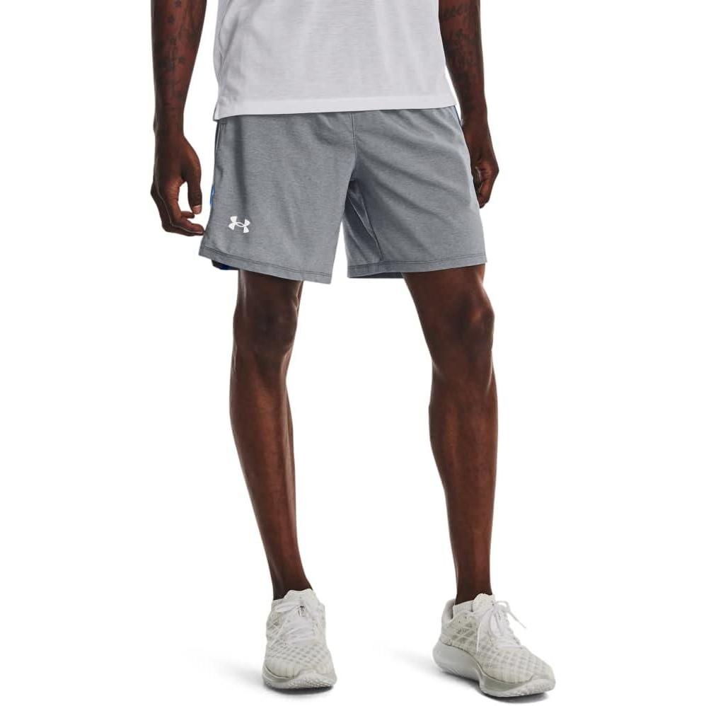 image:imageUnder Armour Mens Launch Stretch Woven 2in1 Shorts017 Pitch Gray Full Heather Blue Circuit Reflective