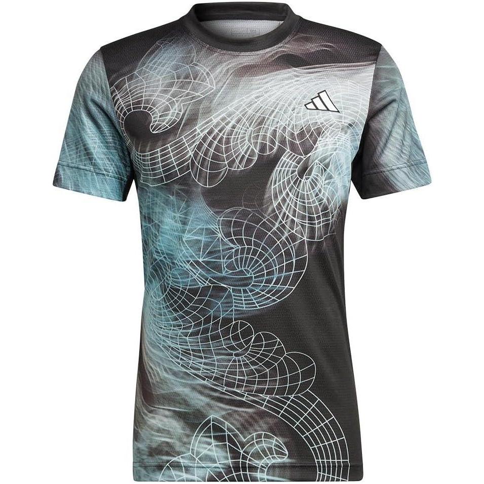 image:imageadidas Womens Tennis Us Series Printed Freelift TShirtBlackSemi Flash AquaDash Grey