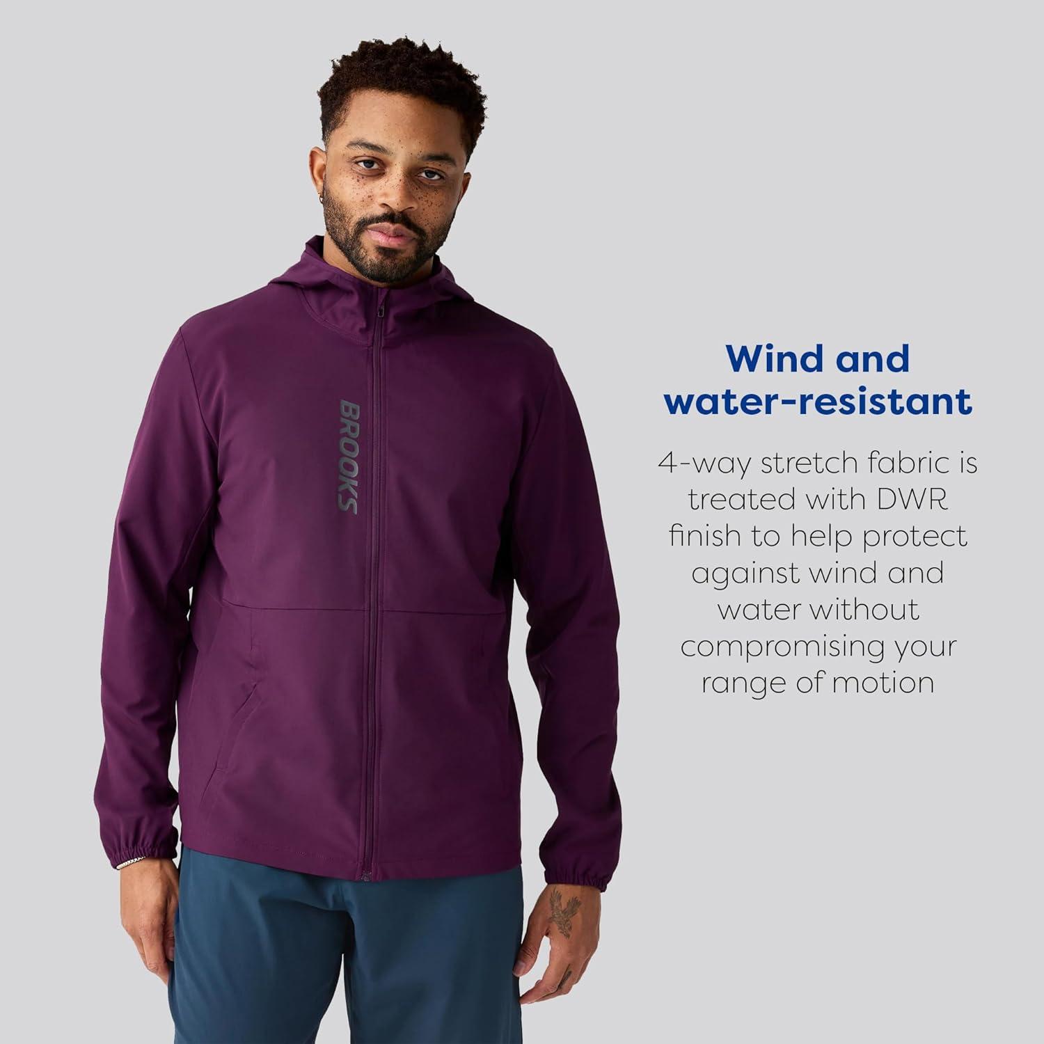 image:imageBrooks Mens Canopy Jacket Lightweight Wind amp Water Resistant Breathable UPF 50 with Reflectivity amp Stretch FabricBurgundy Blaze