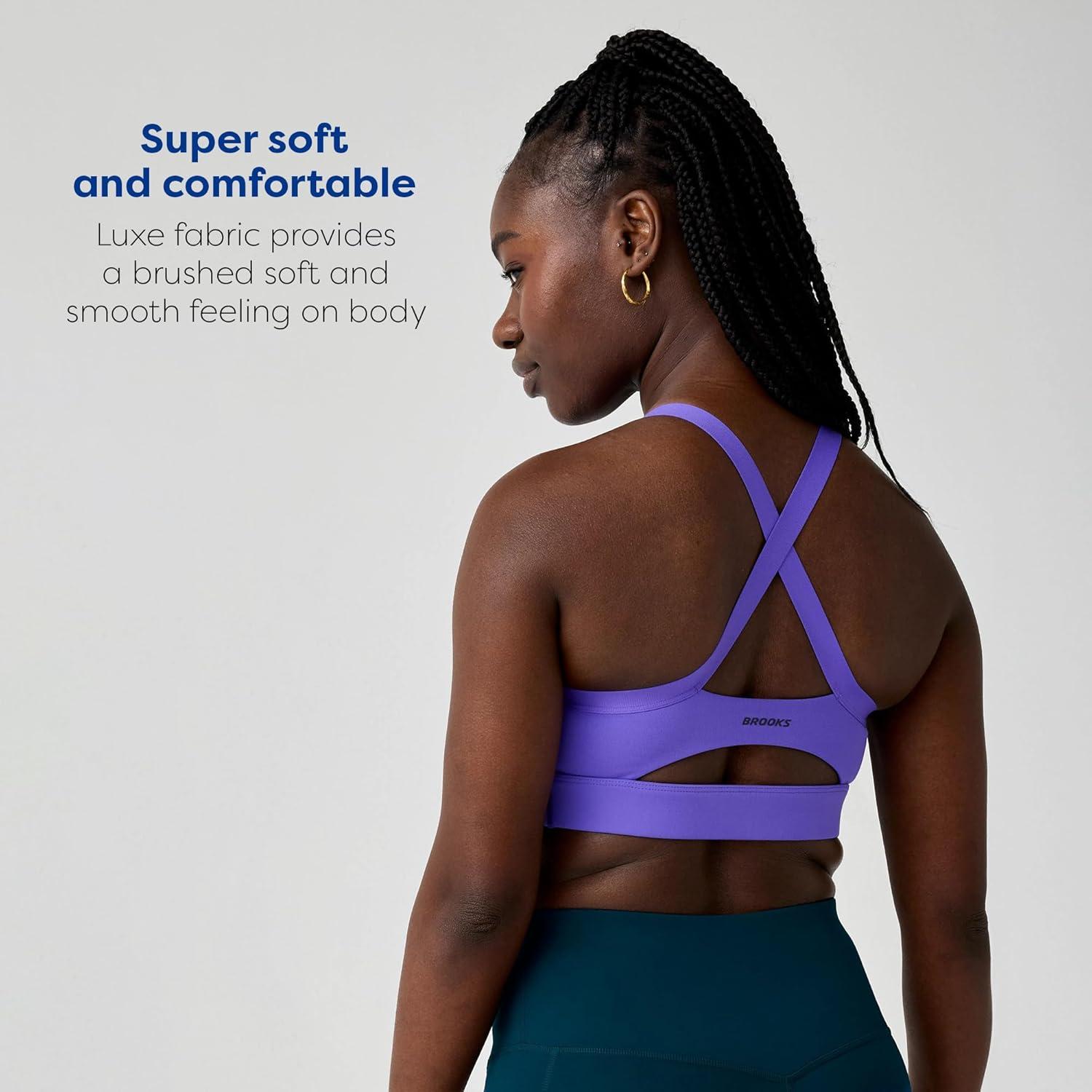 image:imageBrooks Womens Luxe Strappy Bra Double Lined Soft Luxe Fabric SweatWicking Support for Running Yoga amp Sports WearViolet