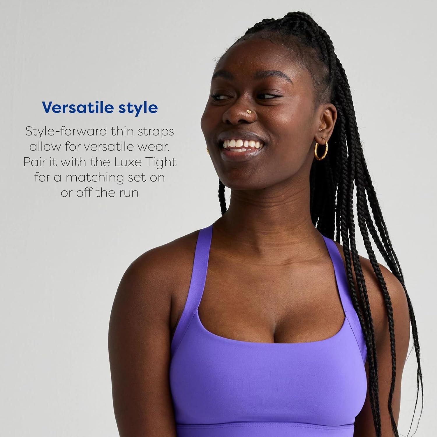 image:imageBrooks Womens Luxe Strappy Bra Double Lined Soft Luxe Fabric SweatWicking Support for Running Yoga amp Sports WearViolet