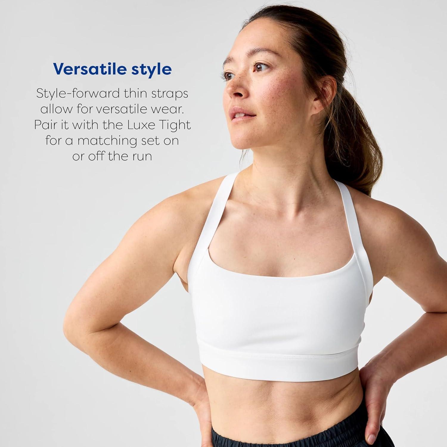 image:imageBrooks Womens Luxe Strappy Bra Double Lined Soft Luxe Fabric SweatWicking Support for Running Yoga amp Sports WearWhite