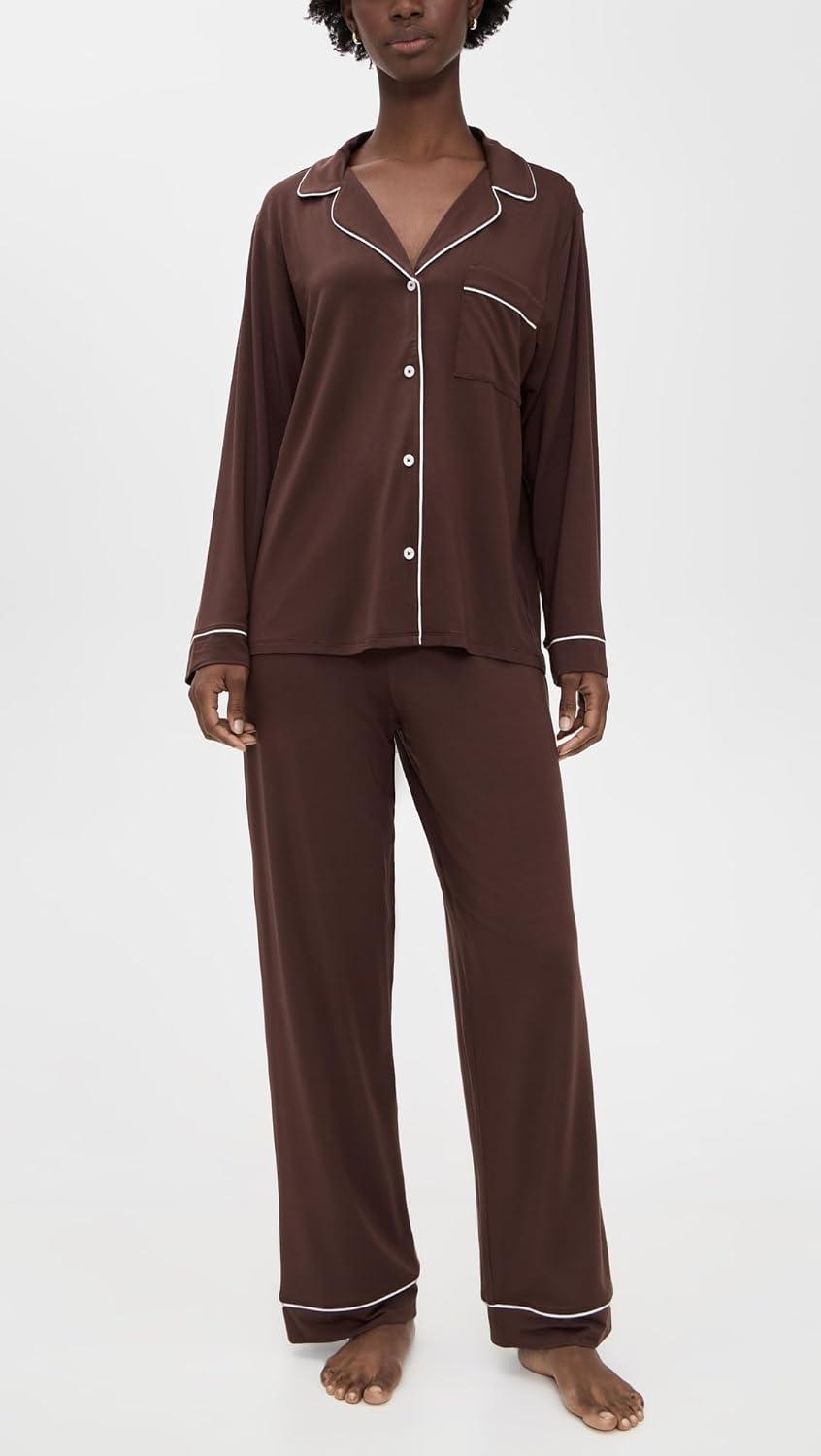 image:imageEberjey Gisele Classic Womens Pajama Set Long Sleeve Shirt Long PantsChocolateIvory