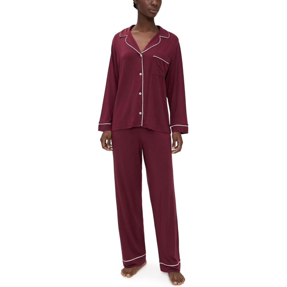 image:imageEberjey Gisele Classic Womens Pajama Set Long Sleeve Shirt Long PantsBordeauxIvory
