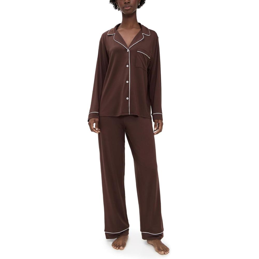 image:imageEberjey Gisele Classic Womens Pajama Set Long Sleeve Shirt Long PantsChocolateIvory