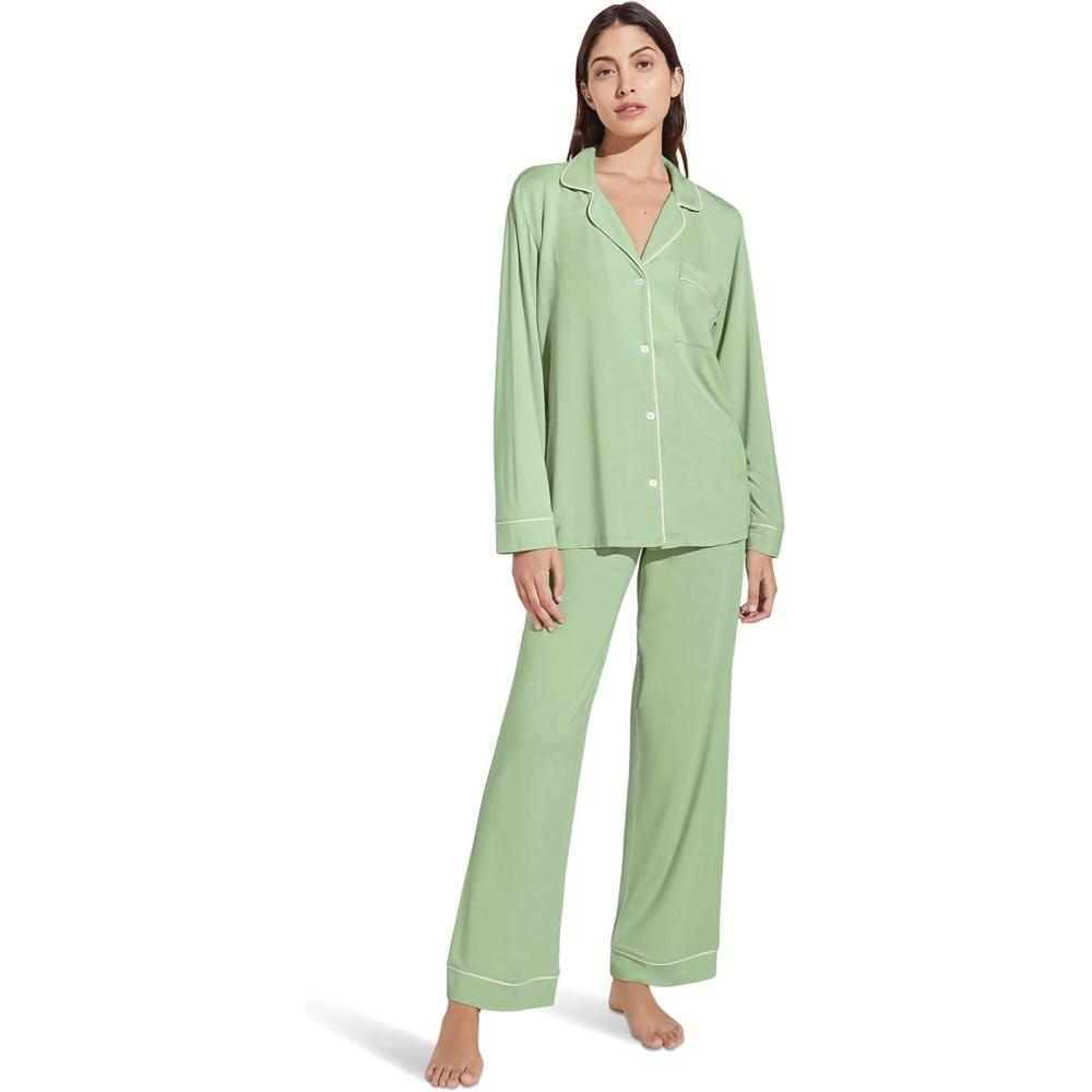 image:imageEberjey Gisele Classic Womens Pajama Set Long Sleeve Shirt Long PantsPistachioIvory