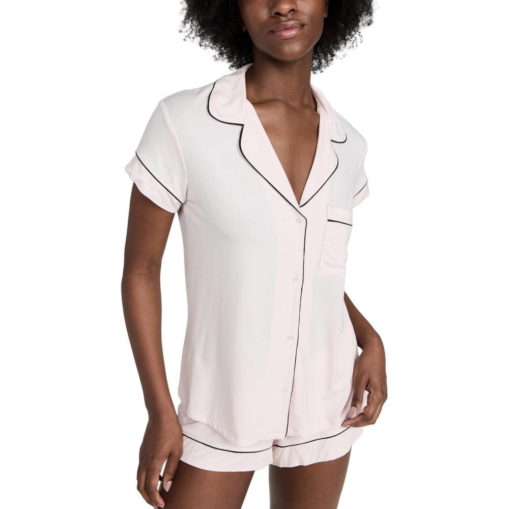 image:imageEberjey Gisele Classic Womens Pajama Set Short Sleeve Button Down Shirt w Front Pocket Shorts w Elastic Waist