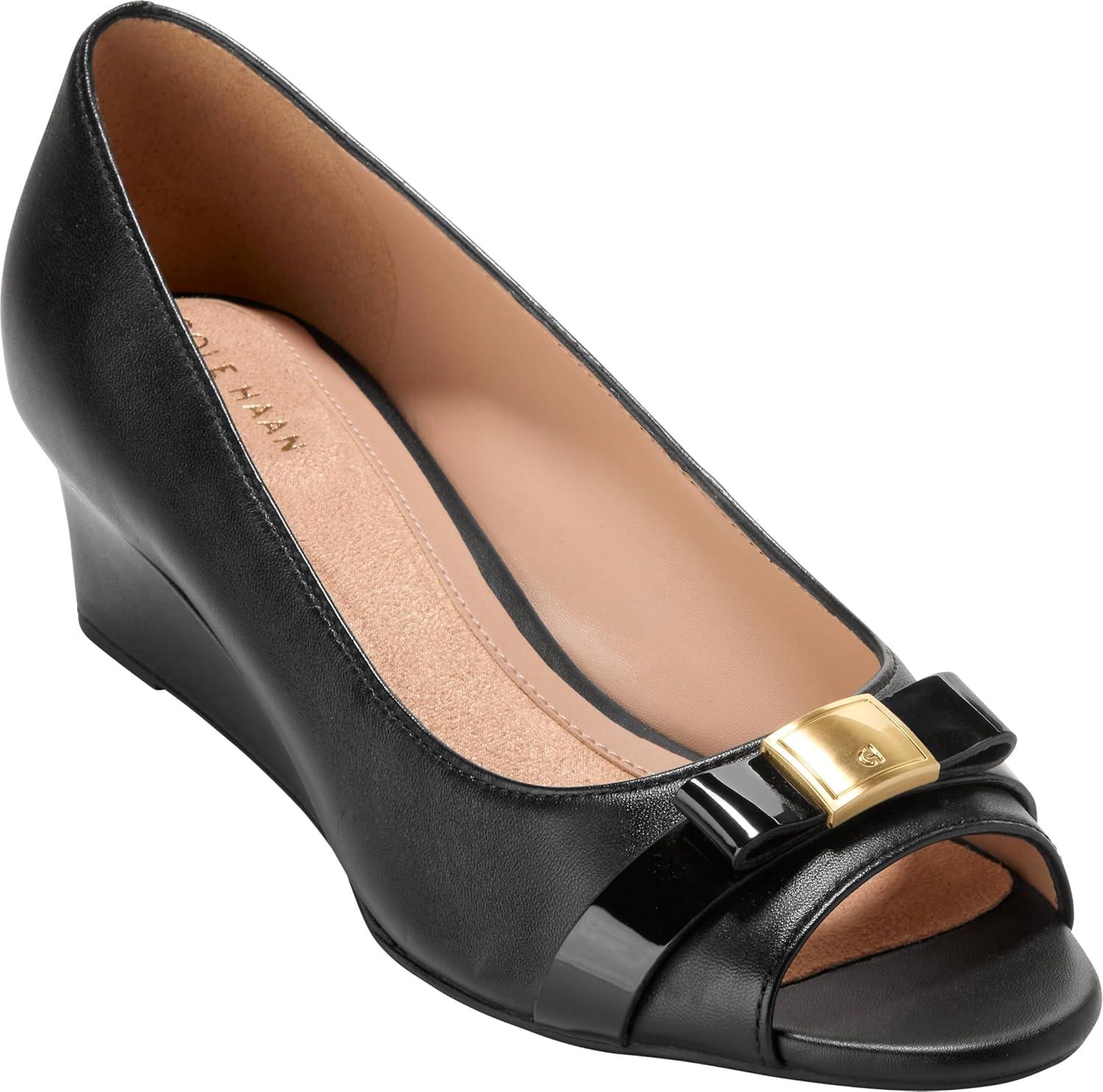image:imageCole Haan Womens Goto Malta Peep Toe Bow WedgeBlack Leather