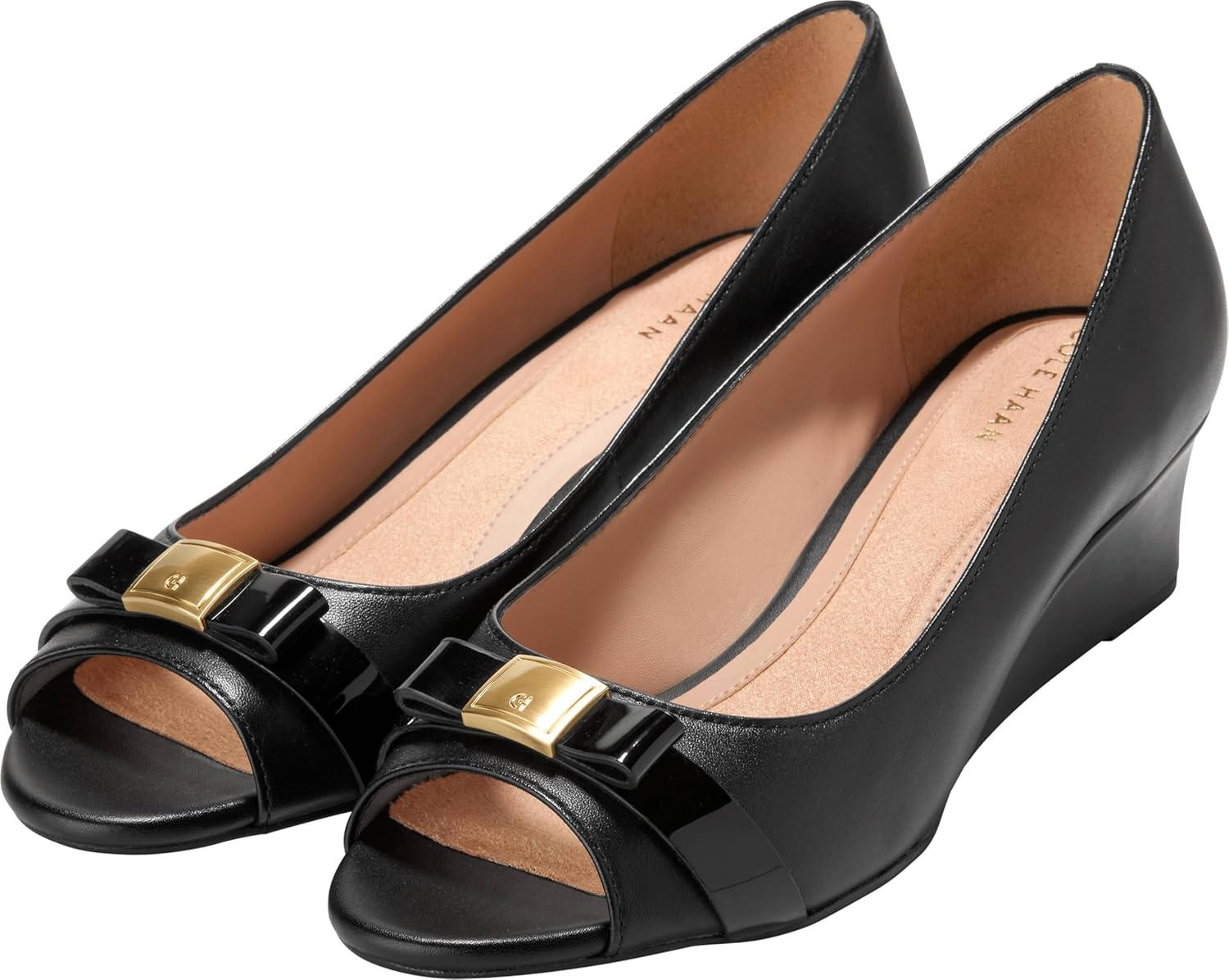 image:imageCole Haan Womens Goto Malta Peep Toe Bow WedgeBlack Leather