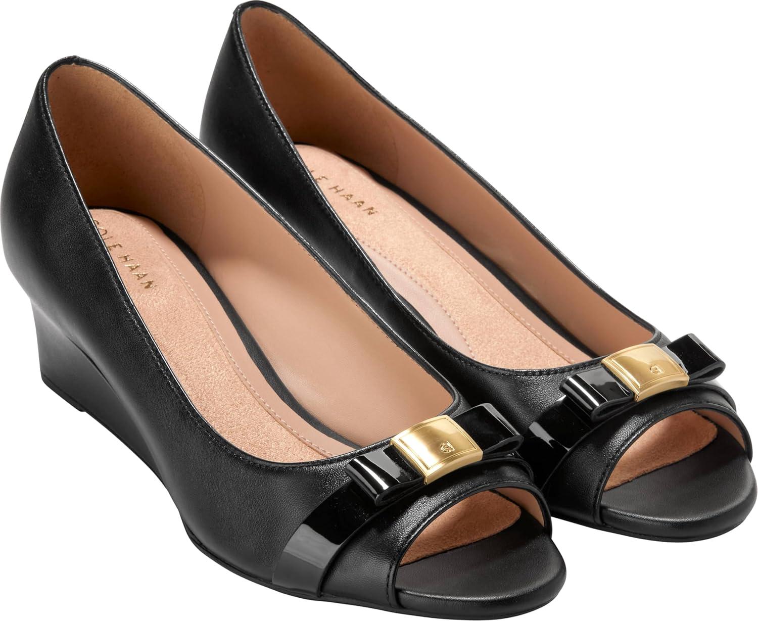 image:imageCole Haan Womens Goto Malta Peep Toe Bow WedgeBlack Leather