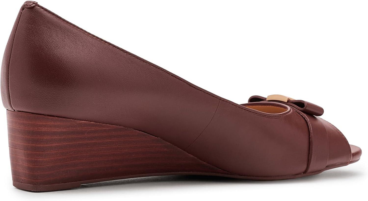 image:imageCole Haan Womens Goto Malta Peep Toe Bow WedgeMahogany Leather