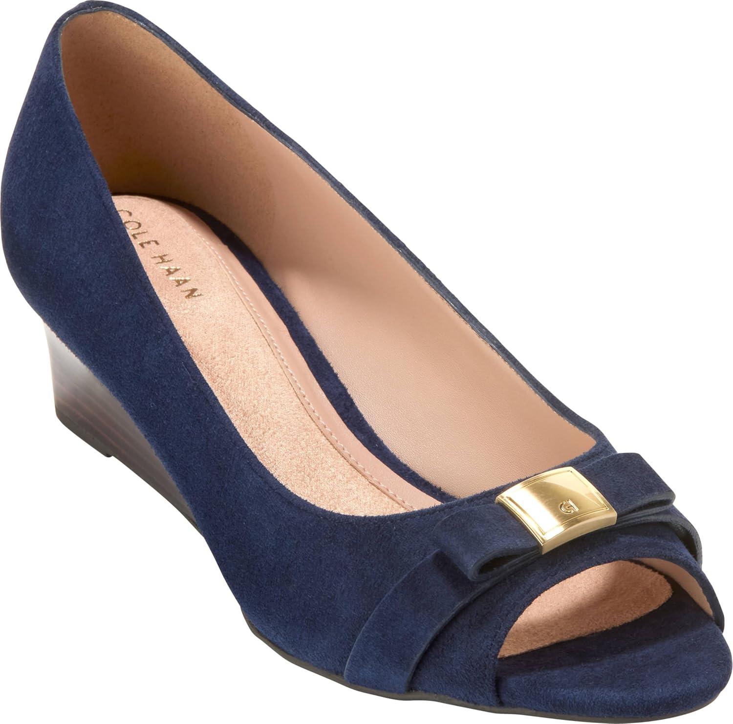 image:imageCole Haan Womens Goto Malta Peep Toe Bow WedgeMidnight Moon SuedeRaven