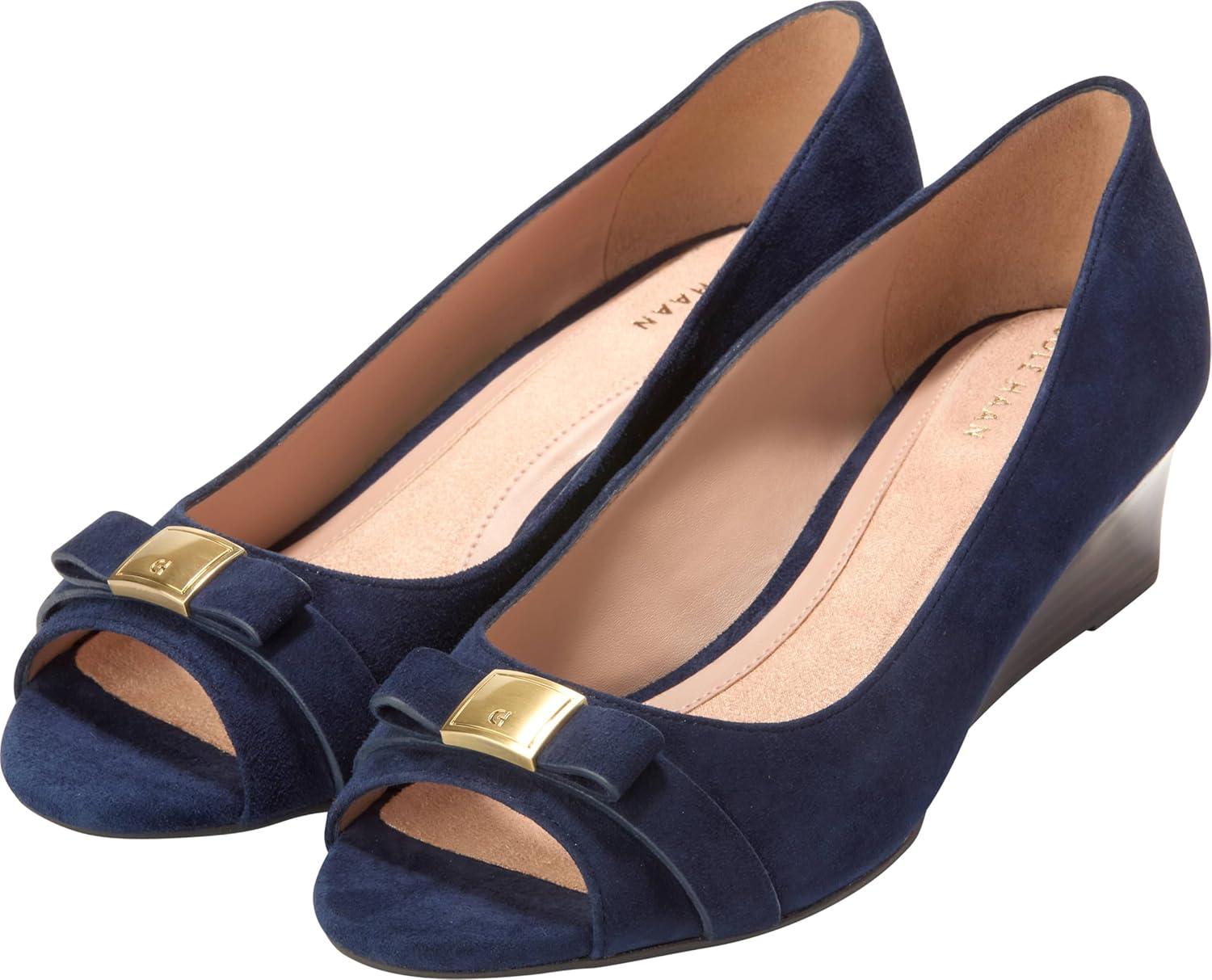 image:imageCole Haan Womens Goto Malta Peep Toe Bow WedgeMidnight Moon SuedeRaven