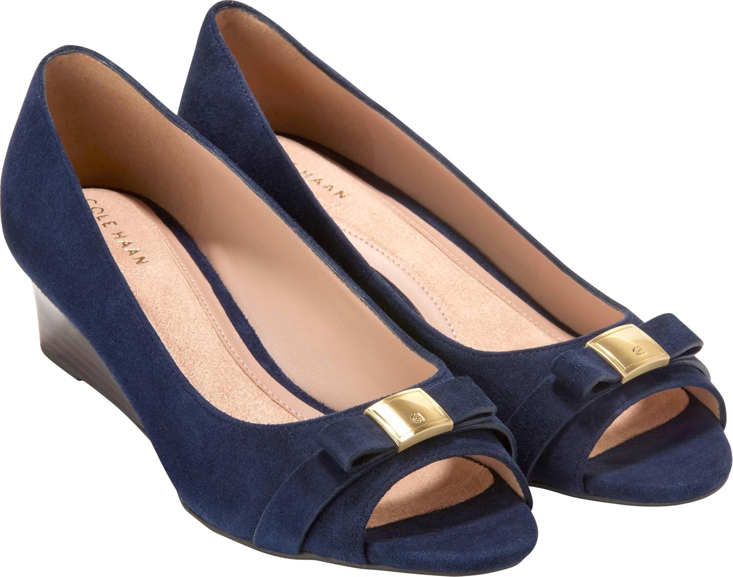 image:imageCole Haan Womens Goto Malta Peep Toe Bow WedgeMidnight Moon SuedeRaven