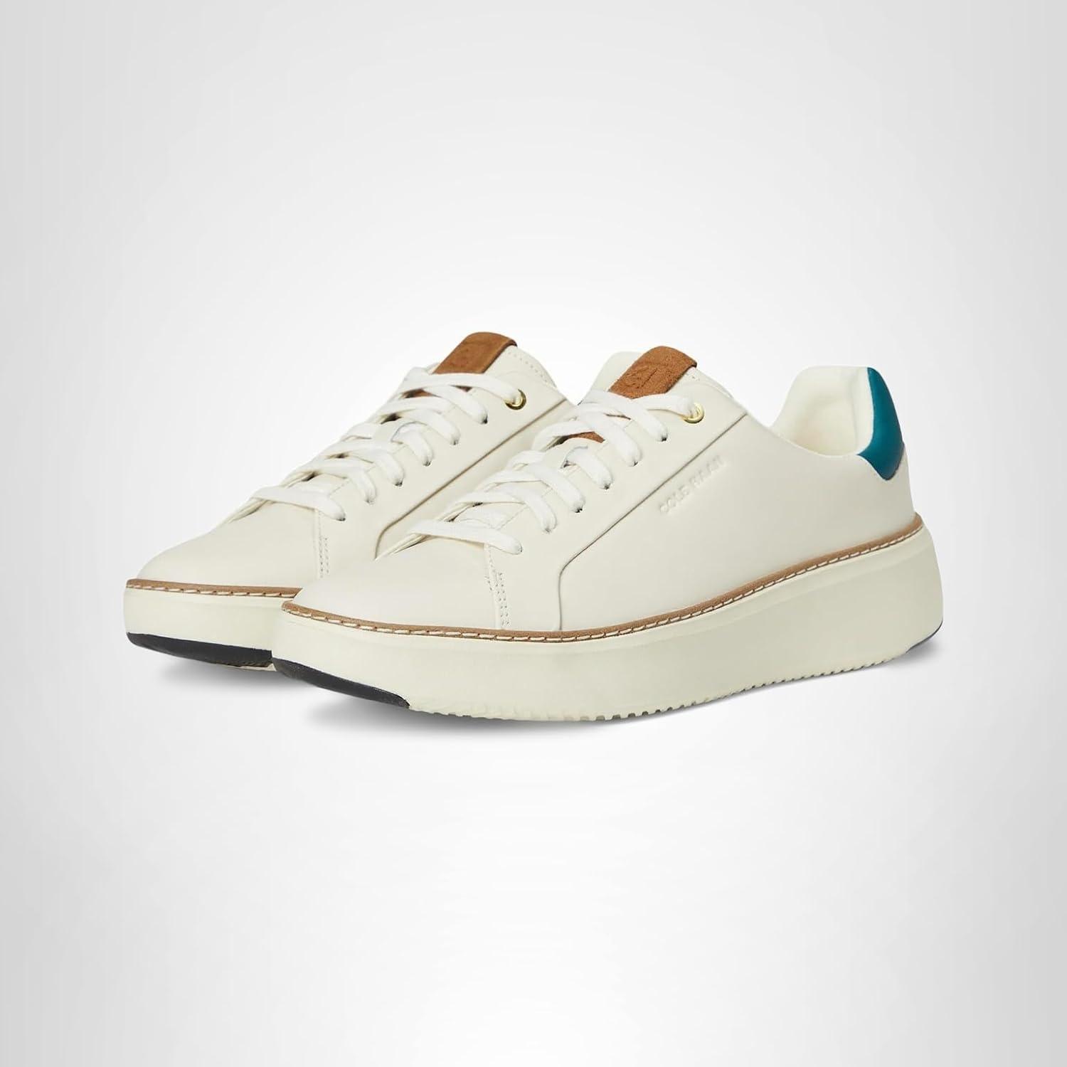 image:imageCole Haan Womens Grandpro Topspin SneakersIvory LeatherTealTobacco Suede