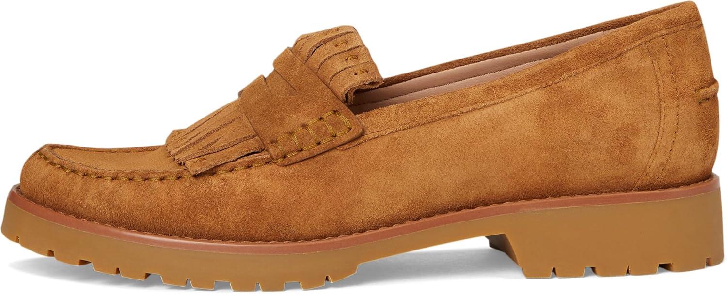 image:imageCole Haan Womens Treena Lug Kiltie Loafers FlatGolden Honey Cow Suede