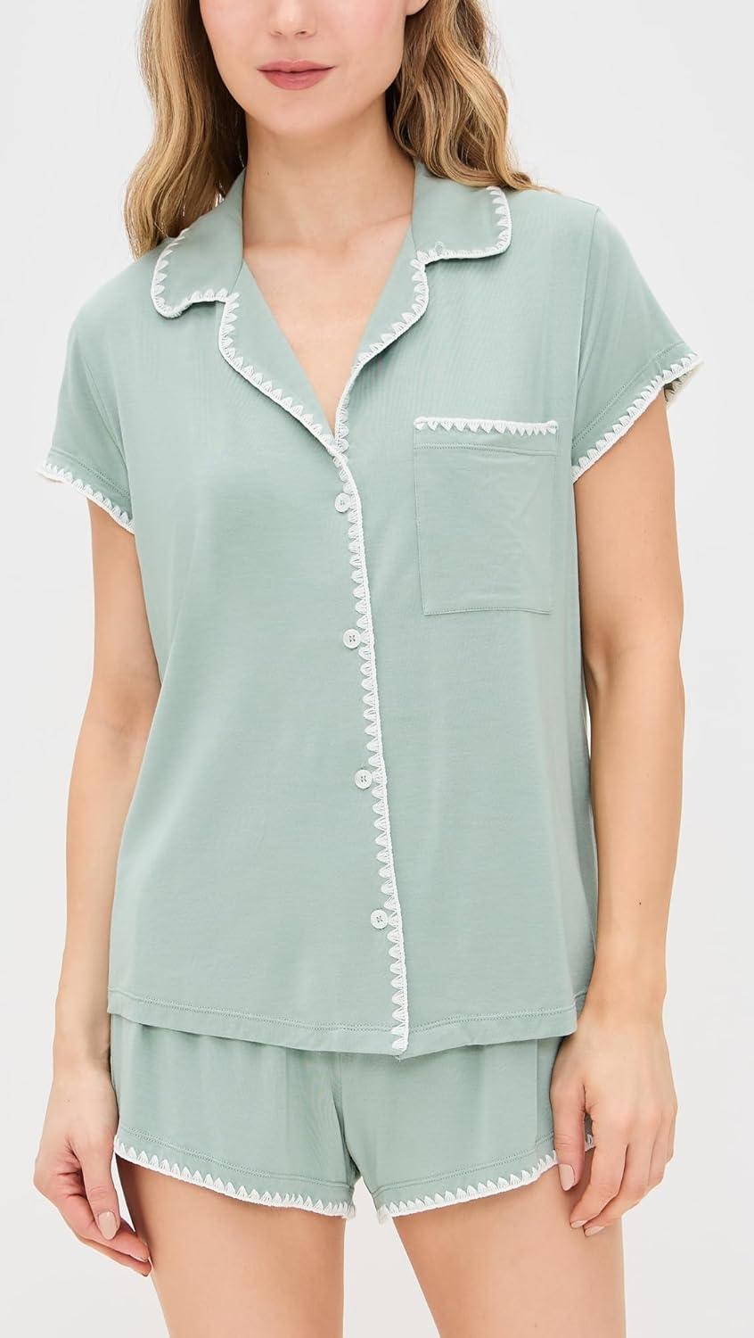 image:imageEberjey Womens The Frida Whip Stitch Short Pajama SetEucalyptusIvory