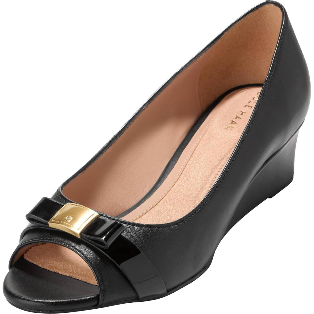 image:imageCole Haan Womens Goto Malta Peep Toe Bow WedgeBlack Leather