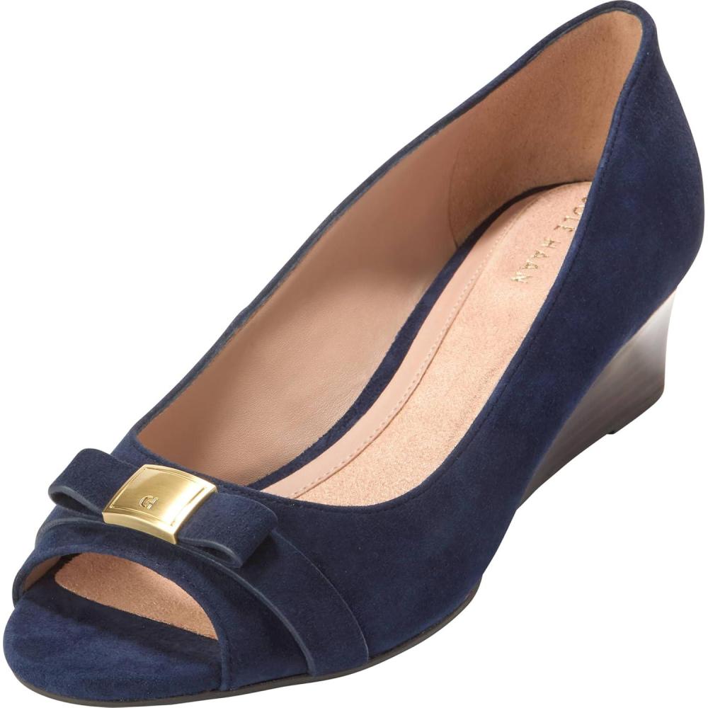 image:imageCole Haan Womens Goto Malta Peep Toe Bow WedgeMidnight Moon SuedeRaven