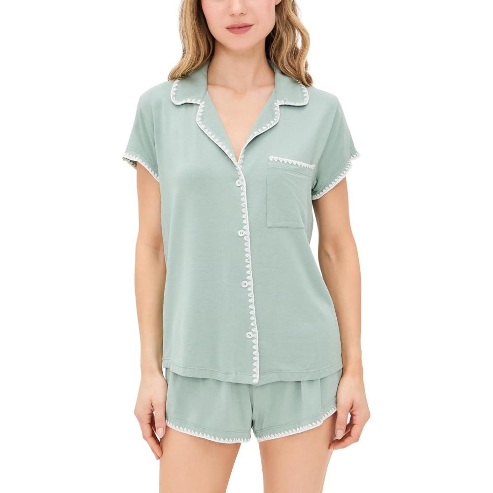 image:imageEberjey Womens The Frida Whip Stitch Short Pajama SetEucalyptusIvory