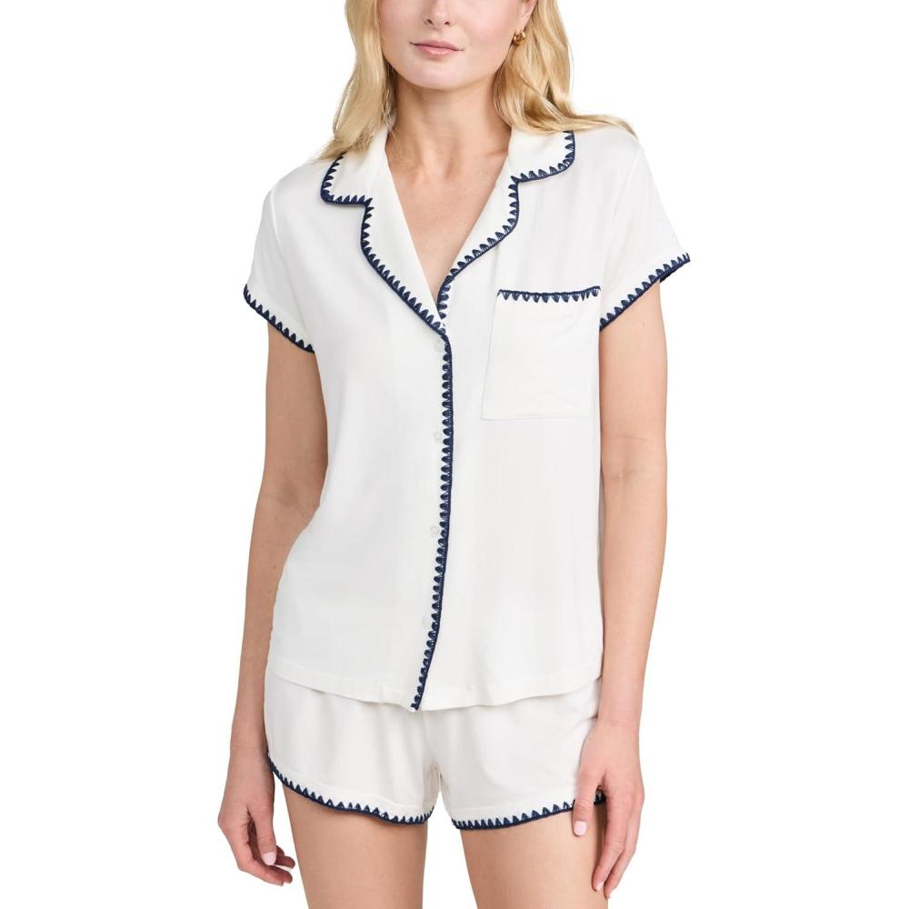 image:imageEberjey Womens The Frida Whip Stitch Short Pajama SetIvoryNavy