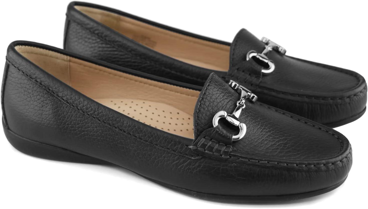 image:imageWomens Genuine Leather Slip on Buckle LoaferBlack Grainy