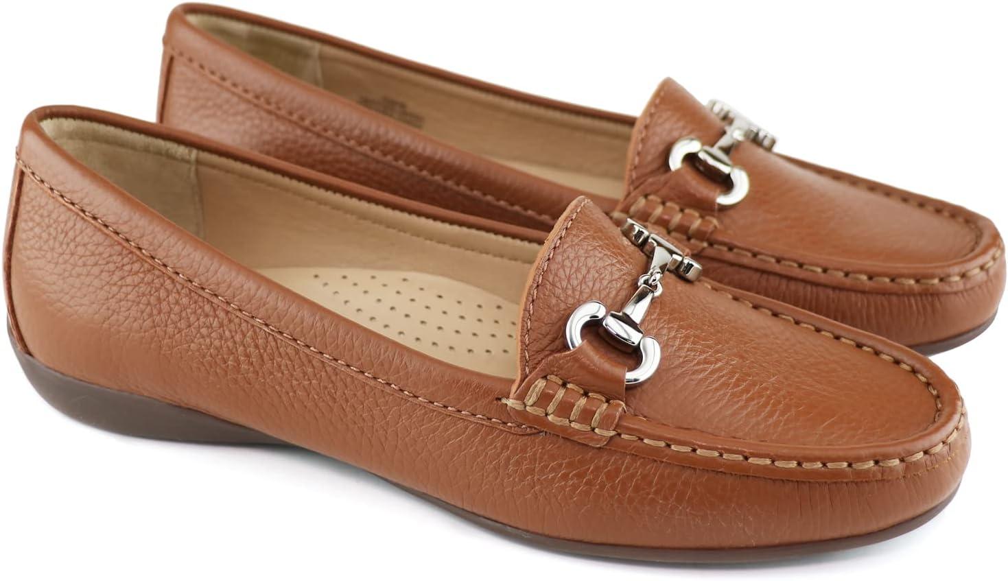 image:imageWomens Genuine Leather Slip on Buckle LoaferCognac Grainy