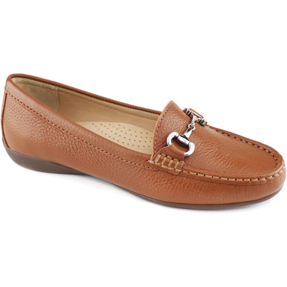 image:imageWomens Genuine Leather Slip on Buckle LoaferCognac Grainy