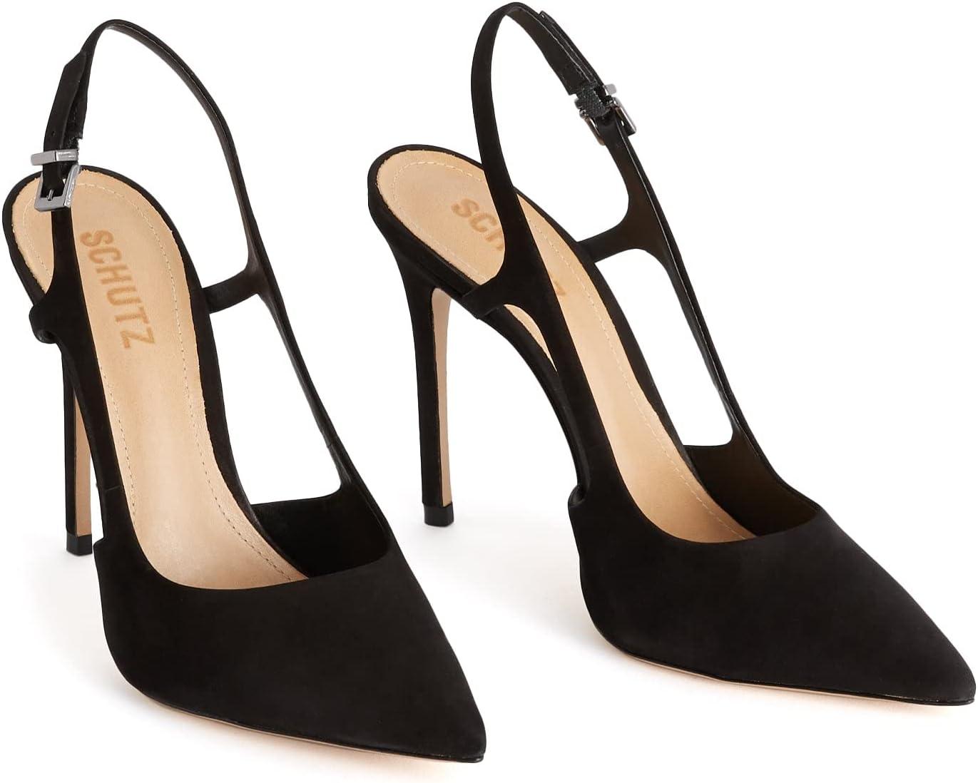 image:imageSCHUTZ Boris Heels for Women Wrapped Stiletto Heel Leather Outsole Pointed Toe Sling Detail Black Nobuck 85 M
