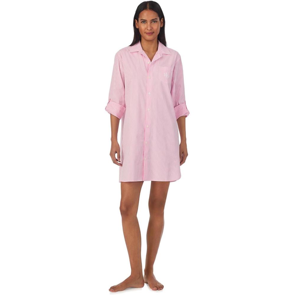 image:imageLauren Ralph Lauren womens Long Sleeve Roll Tab His Shirt SleepshirtPink Stripe