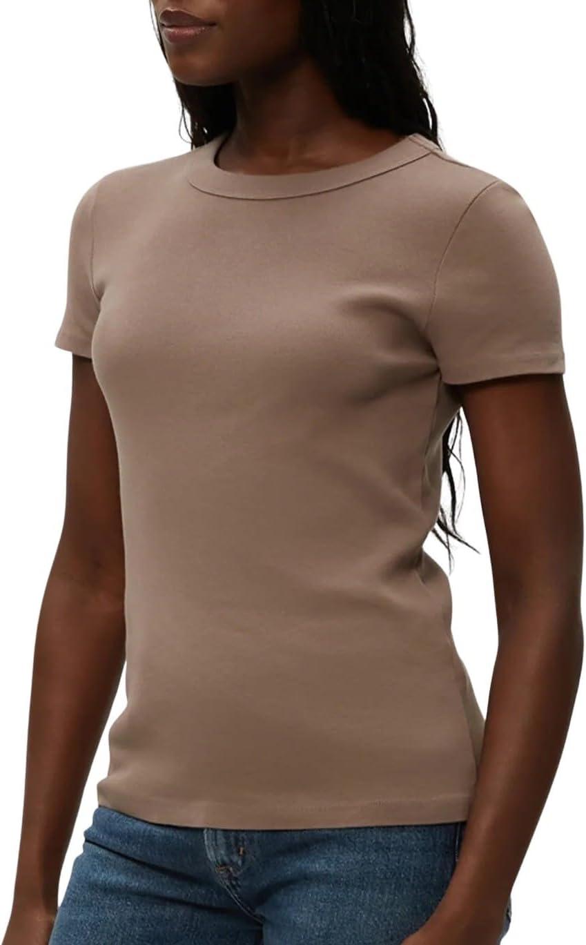 image:imageMichael Stars Womens Fitted Lexy Tee Short Cap Sleeve High Crew NeckCobblestone
