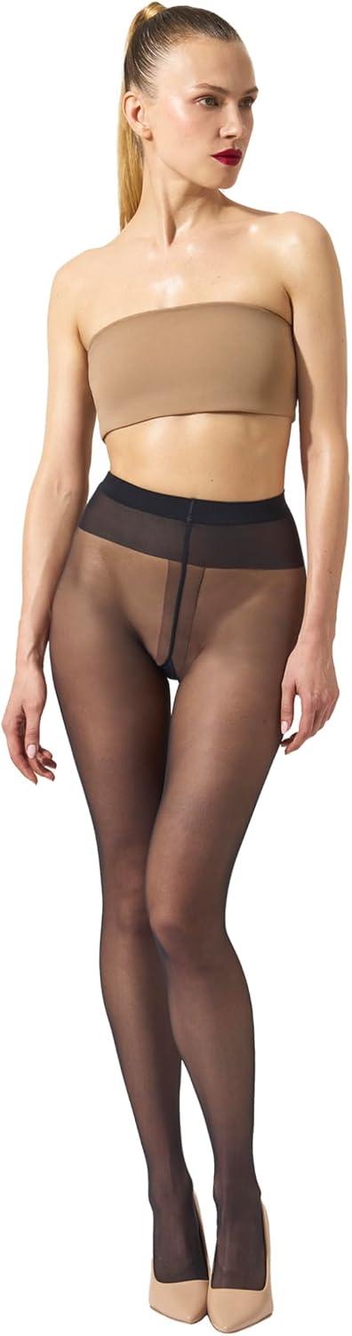 image:imageWolford Individual 10 Control Top Tights For Women Sheer Support Pantyhose Waist Sculpting Cotton Gusset Soft WaistbandAdmiral