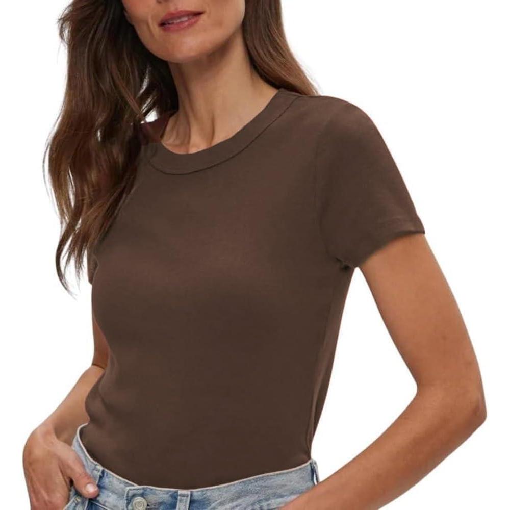 image:imageMichael Stars Womens Fitted Lexy Tee Short Cap Sleeve High Crew NeckBark