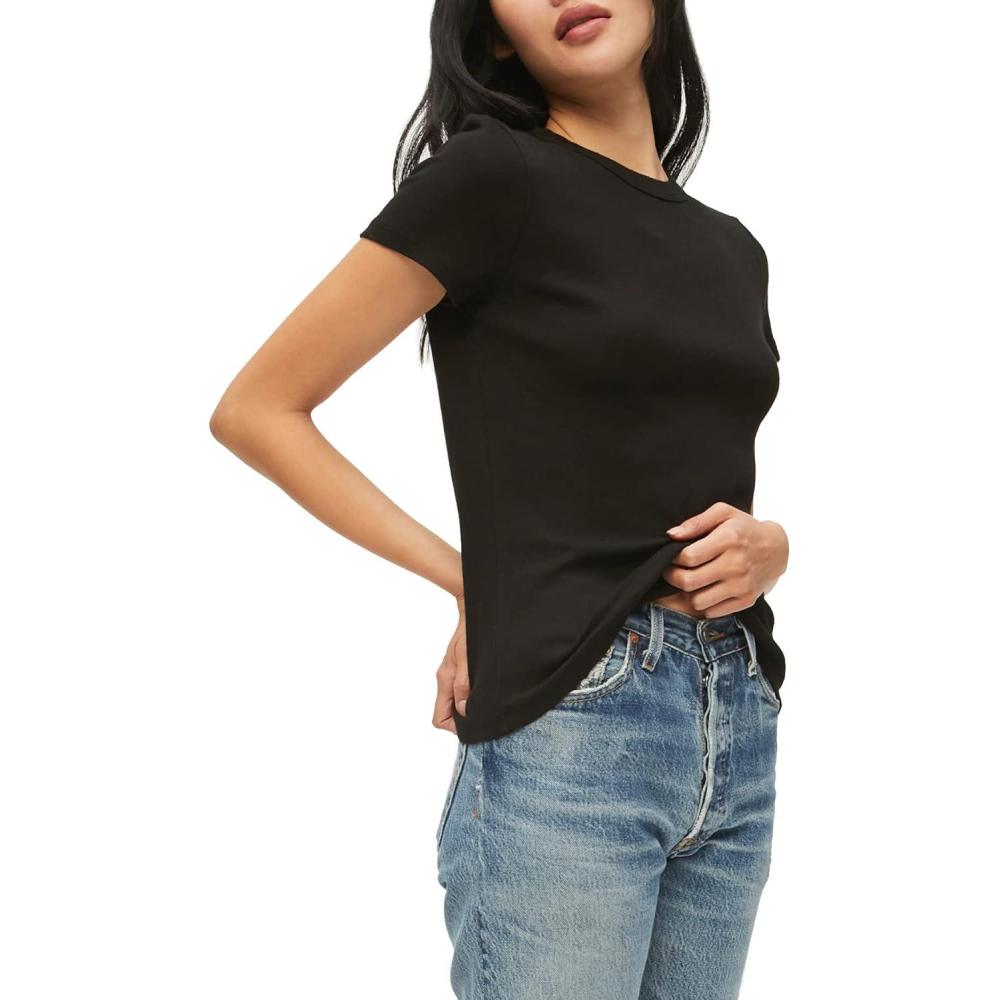 image:imageMichael Stars Womens Fitted Lexy Tee Short Cap Sleeve High Crew NeckBlack