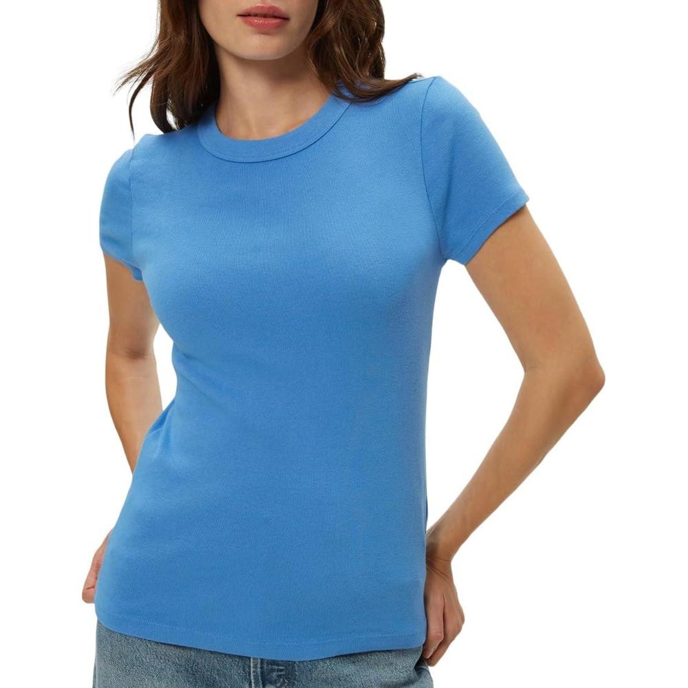 image:imageMichael Stars Womens Fitted Lexy Tee Short Cap Sleeve High Crew NeckBlue Ribbon