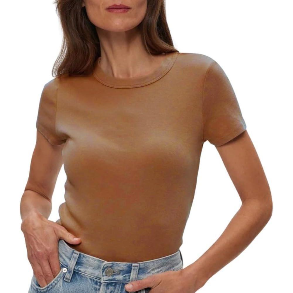 image:imageMichael Stars Womens Fitted Lexy Tee Short Cap Sleeve High Crew NeckCumin