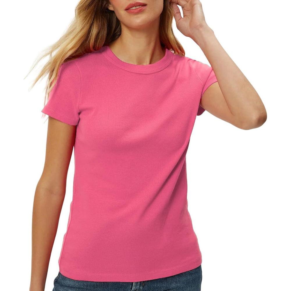 image:imageMichael Stars Womens Fitted Lexy Tee Short Cap Sleeve High Crew NeckDragonfruit