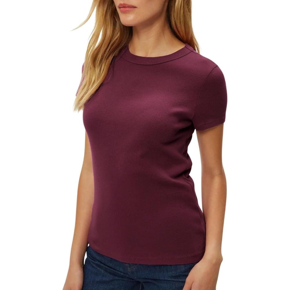 image:imageMichael Stars Womens Fitted Lexy Tee Short Cap Sleeve High Crew NeckGarnet