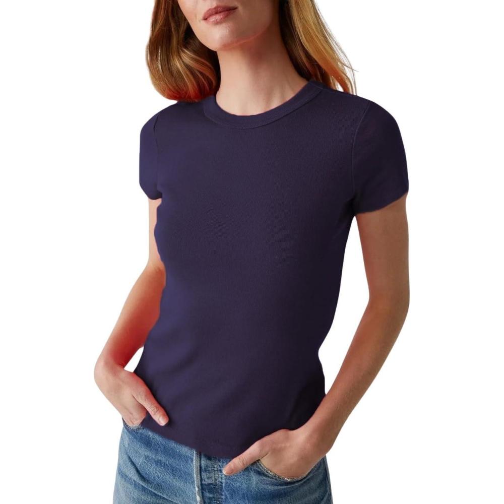 image:imageMichael Stars Womens Fitted Lexy Tee Short Cap Sleeve High Crew NeckGlimmer