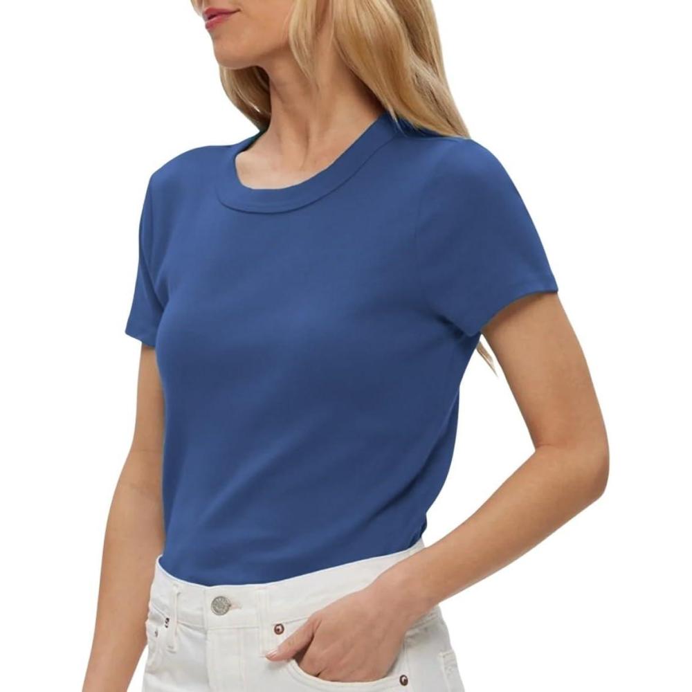 image:imageMichael Stars Womens Fitted Lexy Tee Short Cap Sleeve High Crew NeckLapis