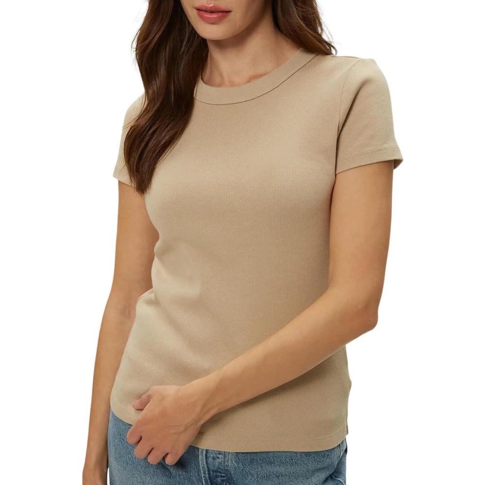 image:imageMichael Stars Womens Fitted Lexy Tee Short Cap Sleeve High Crew NeckMacadamia