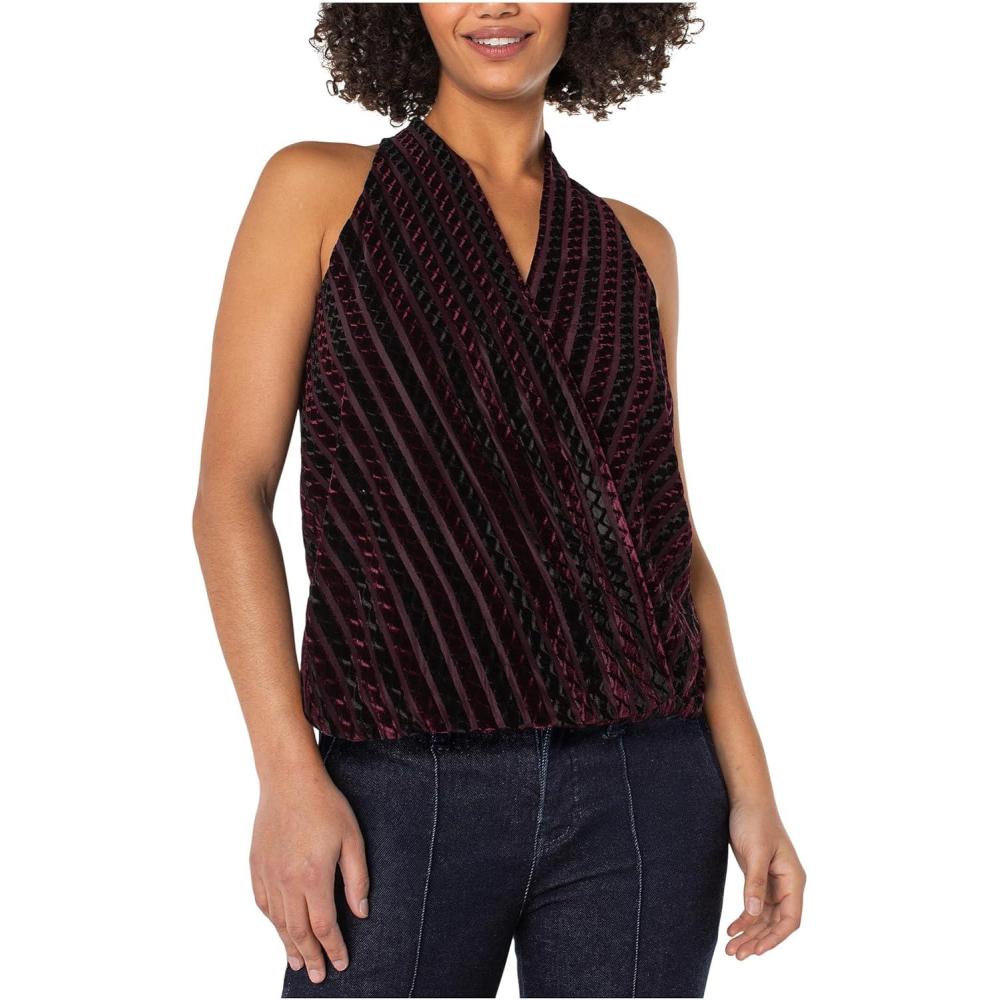image:imageLiverpool Womens Sleeveless Crossover Knit Top WVelvet StripesBlack Burgundy Stripe