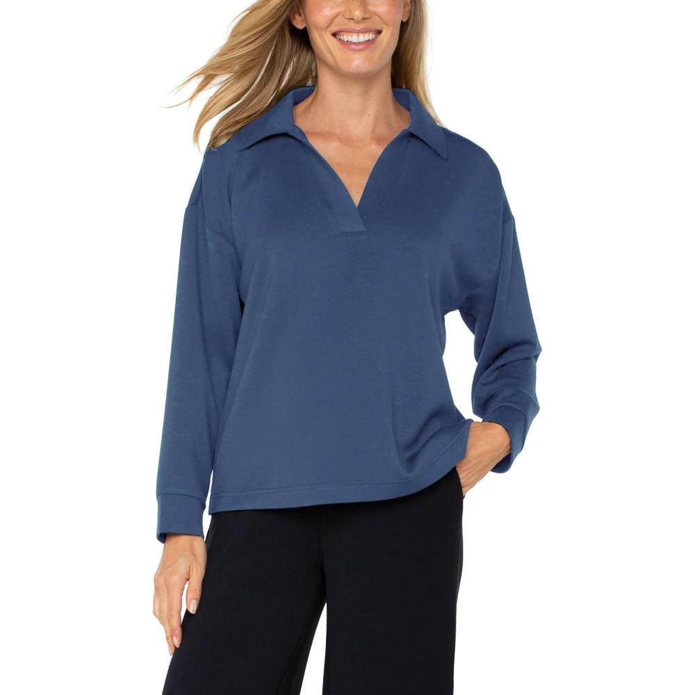 image:imageLiverpool Womens Plush Comfort Knit VNeck Popover with CollarPrussian Blue
