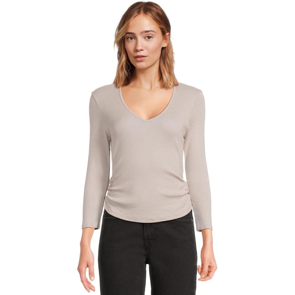 image:imageMichael Stars Womens Sylvie VNeck Shirred Sides Tee Cement